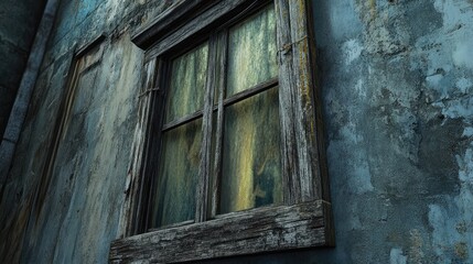 Weathered wooden window frames set against a textured, peeling wall, showcasing decay and age, ideal for backgrounds, vintage aesthetics, architecture, urban exploration.