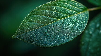 Close-up of a green leaf with water droplets illuminated by soft sunlight showcasing intricate veins and textures in macro photography