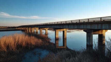 Concrete bridge spanning serene marshland with reflective water under a clear blue sky and tall grasses along the shore.