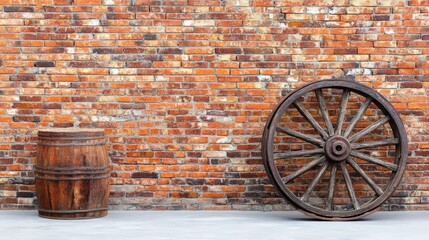 Obraz premium Rustic wooden wheel and vintage barrel leaning against a weathered brick wall, featuring rich textures and colors, ideal for historical themes, decoration, or nostalgia.