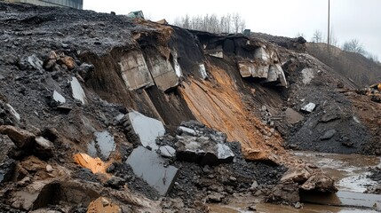 Landslide in a lignite mine showcasing geological instability and environmental impact of mining operations.