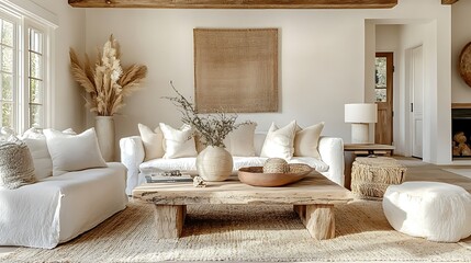 A modern farmhouse interior with vaulted ceilings, natural wood beams, cozy neutral-colored furniture, rustic-chic decor with a mix of natural textures, and soft sunlight illuminating the space,