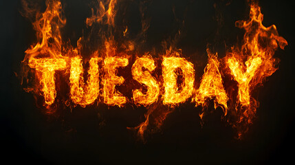 Fiery Tuesday! The word "Tuesday" is written in flames against a black background. This image would be perfect for any project related to fire, heat, or the day of the week.
