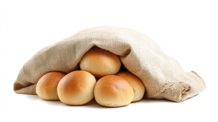 Rustic still life of fresh bread rolls in a burlap sack isolated on white background ideal for food advertising or bakery promotions