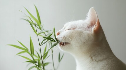 White cat enjoying bamboo plant in a minimalist setting with soft lighting and a serene background showcasing natural beauty.