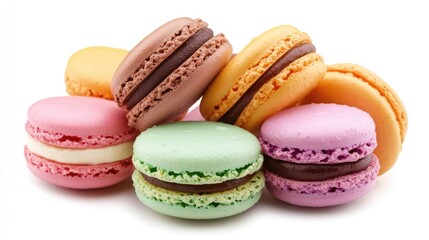 Obraz premium Elegant pastel macarons stacked on a white background showcasing vibrant colors perfect for food photography and dessert promotions.