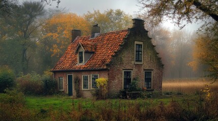 Obraz premium Charming vintage Dutch cottage surrounded by autumn foliage in a foggy rural landscape