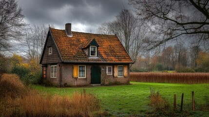 Obraz premium Charming rustic Dutch house surrounded by tranquil nature under a dramatic cloudy sky in autumn scenery.