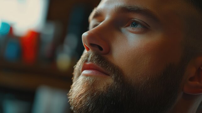 Close-up of a man getting his beard trimmed by a professional barber in a stylish barbershop, showcasing grooming techniques and care.