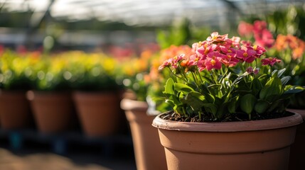 Fototapeta premium Orchid flower pots displayed in a vibrant plant nursery, featuring colorful blooms and lush greenery, with a blurred background of thriving plants, gardening, floral, nature.