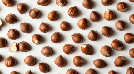 Fototapeta premium Hazelnut chocolate bar arranged with whole hazelnuts on a clean white background ideal for confectionery and dessert marketing