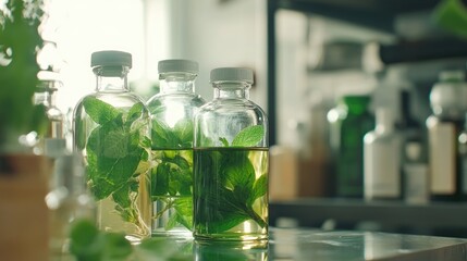 Organic herbal extraction in laboratory with glass bottles showcasing green leaves and floral aroma essence solution. Natural product development.