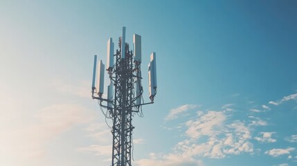 New GSM antennas on a high tower against a blue sky illustrating concerns about 5G signal health impacts and environmental radiation pollution
