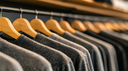 A close-up view of neatly arranged gray clothing on wooden hangers in a retail space