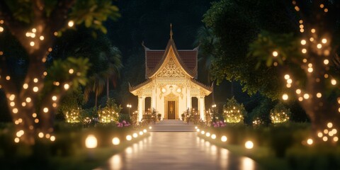 Fototapeta premium Serene Night at the Thai Temple: Illuminated pathway leading to a beautifully lit Thai temple at night, surrounded by lush greenery and twinkling fairy lights.