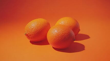 Three ripe oranges on a vivid orange background, showcasing their textured skin and vibrant color, fruit, healthy lifestyle, nutrition, freshness.