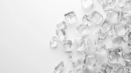 Scattered transparent ice cubes on a white background showcasing texture and clarity for beverage and culinary themes.