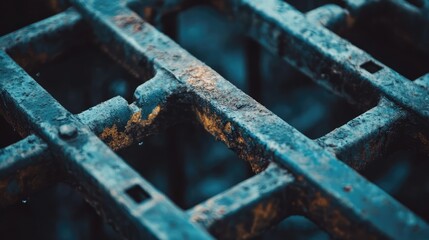 Rusty metal grate close-up of a drainage waterway at a water treatment facility industrial equipment with textured surface and selective focus.