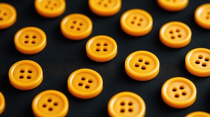 Yellow plastic buttons arranged in 5G numerical pattern on a contrasting black background for textile and technology themed imagery.