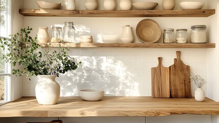 A modern rustic farmhouse kitchen featuring butcher block countertops, a subway tile backsplash, wooden shelves adorned with greenery and vintage jars, and warm light filtering through nearby windows,