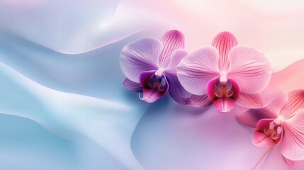 Pastel Orchid Flowers on Soft Abstract Background with Gentle Waves and Subtle Color Gradients
