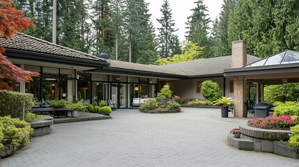 Senior care facility exterior with well-maintained garden and welcoming entrance. Emphasizing comfort and dignity in elderly living environments.