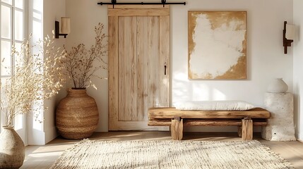 A rustic-modern hallway with a sliding barn door in distressed wood, clean textured wall panels, antique sconces casting a subtle glow, and a sturdy wooden bench for storage, inviting ambiance,
