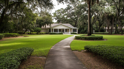 Senior care facility exterior with well-maintained garden and welcoming entrance. Emphasizing comfort and dignity in elderly living environments.