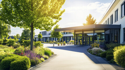 Senior care facility exterior with well-maintained garden and welcoming entrance. Emphasizing comfort and dignity in elderly living environments.