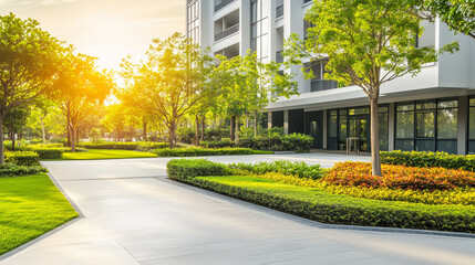 Senior care facility exterior with well-maintained garden and welcoming entrance. Emphasizing comfort and dignity in elderly living environments.