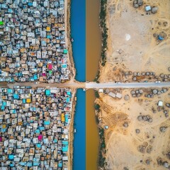 A comparison of a bustling city and an arid rural area to depict disparity in water access.