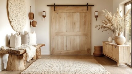 A warm rustic hallway featuring a sliding barn door, textured wall panels, antique sconces, and wooden storage cabinets, earthy tones creating a comforting vibe,