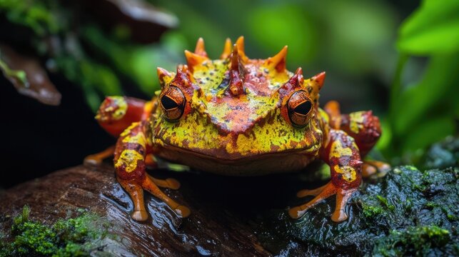 Rare colorful Ceratophrys cranwelli horned frog with unique patterns in a lush tropical environment showcasing vibrant details and textures.