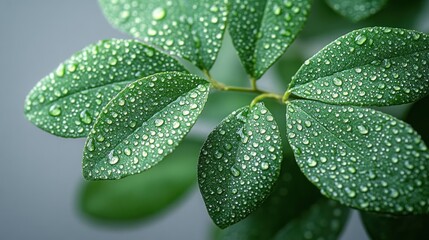 Fototapeta premium Macro photography of green leaves with dew drops natural beauty vibrant texture close-up tranquil environment serene bokeh light