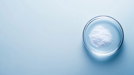 Calcium carbonate powder in a Petri dish on a light blue background top view for scientific and educational use.