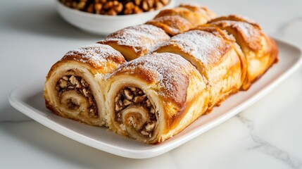 Homemade Walnut-Filled Roll Cake with Golden Crust and Powdered Sugar Served on a White Plate for a Sweet Treat