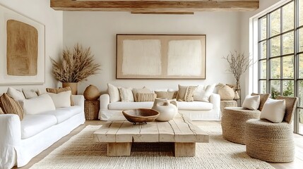An elegant open-concept modern farmhouse featuring vaulted ceilings, wooden beams, light neutral walls, rustic-chic decor including distressed wood and metal accents,