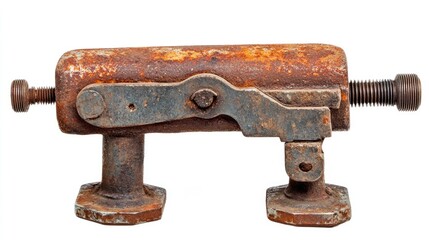 Rusty vintage vise tool on a white background showcasing corrosion and wear illustrating antique craftsmanship and industrial history