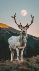 Naklejka premium A majestic white deer with perfect antlers, on the mountain and the beautiful view of the full moon at night