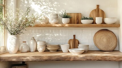 A charming farmhouse kitchen with natural butcher block counters, a subway tile backsplash, rustic wood shelves filled with potted plants and vintage decor, cozy warm lighting,