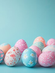 Fototapeta premium Easter greeting banner, studio table, product display space with copy space. pastel pink and blue background.