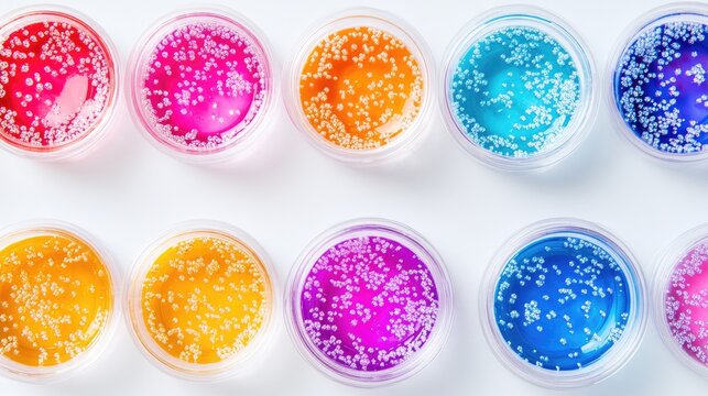 Colorful petri dishes filled with vibrant gels showcasing skincare concepts in a cosmetic laboratory setting for dermatological research.