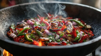 Grilled chili paste mixture featuring vibrant bell peppers and bird's eye chilies in a sizzling pan over an open flame