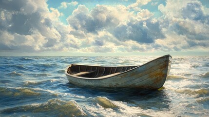 Fototapeta premium Serene Weathered Boat Gently Floating on Calm Ocean Under a Beautiful Cloudy Sky