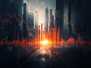 A futuristic city skyline at sunrise, overlaid with vibrant financial charts and data, symbolizing growth and opportunity in a digital economy.