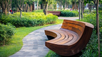 Contemporary brown wooden curved outdoor bench in serene green park setting surrounded by lush foliage and winding pathway