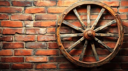Rustic wooden wagon wheel mounted on a textured red brick wall, capturing vintage charm and historic character, decor, antique, rustic interior design, cultural heritage.