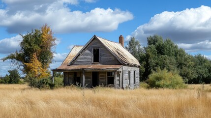 Fototapeta premium Abandoned weathered house in a golden field under a bright blue sky with puffy clouds showcasing rural decay and nature's reclaiming.