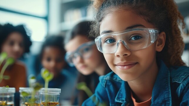 Diverse high school students engaged in plant science experiment in laboratory analyzing plant growth together for educational purposes