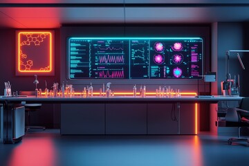 Futuristic laboratory with glowing screens and scientific equipment in a neon-lit environment.